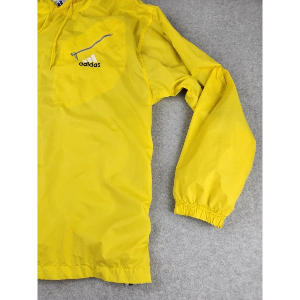 VTG Adidas Mens Windbreaker Jacket Yellow Black stripe Cotton Lined Hoodie LARGE